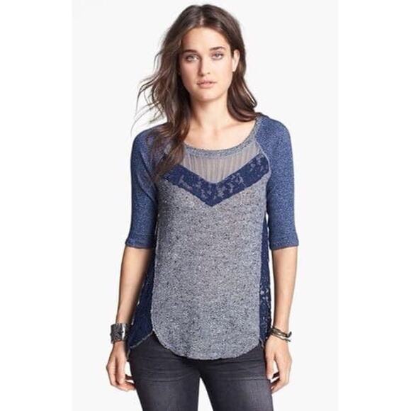 Free People Mix It Up Blouse Top Sweater Hacci thermal Blue Gray Tweed Lace XS - Picture 7 of 7